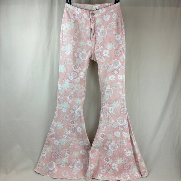 Altar’d State Pink Floral Flared Jeans Frayed Bell Bottom Pants Size Small - Picture 1 of 12